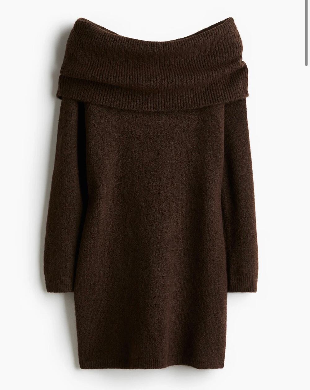 H&M Dark Brown Off-The-Shoulders Knit Sweater Dress Size M NWT